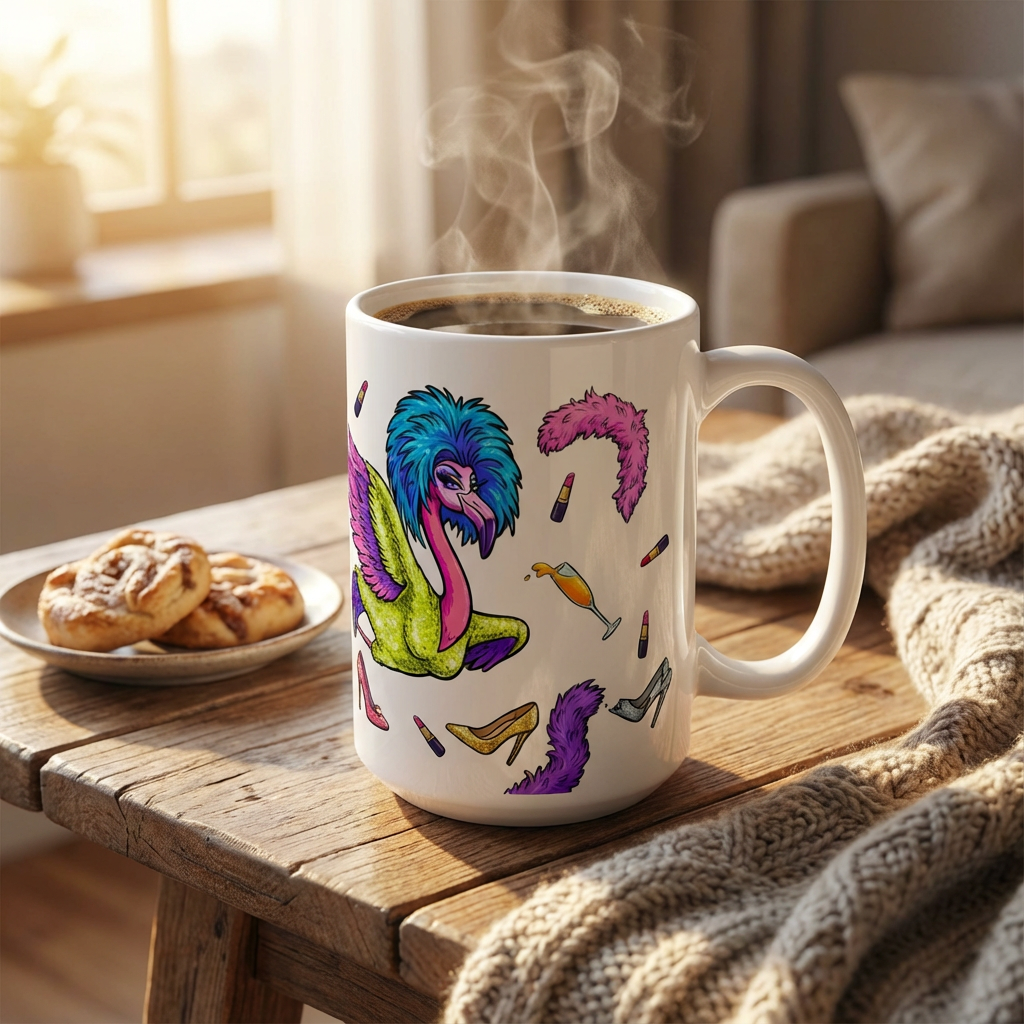 Drag Brunch Flamingos - Death Drop Diva - 15oz Mug - Left Side Lifestyle