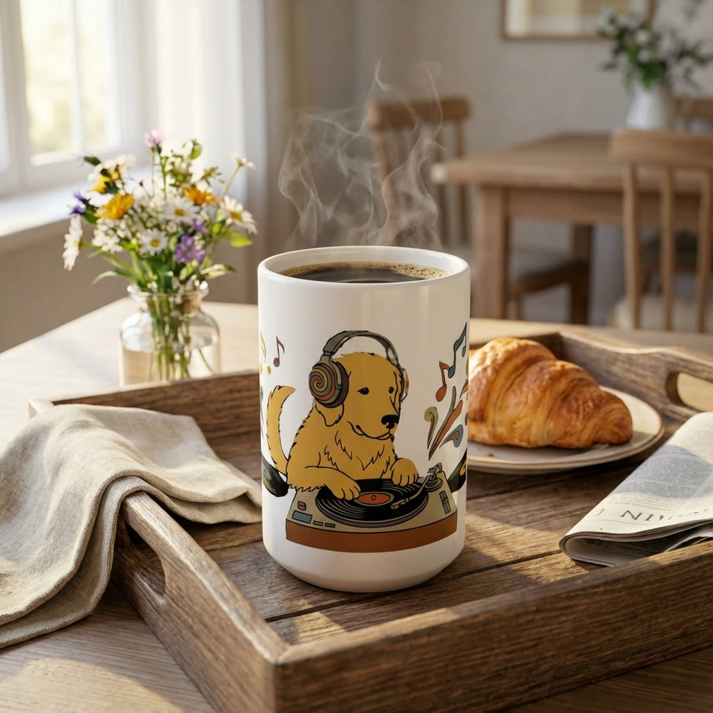 Hi-Fi Hounds - Spinning Gold 15oz Mug with coffee