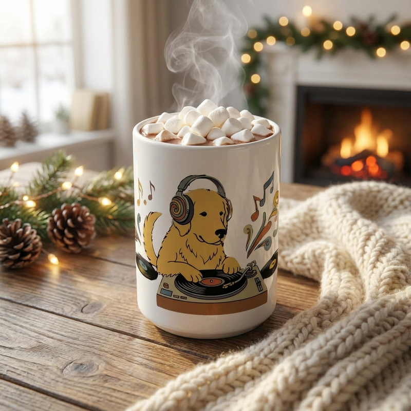 Hi-Fi Hounds - Spinning Gold 15oz Mug with hot cocoa