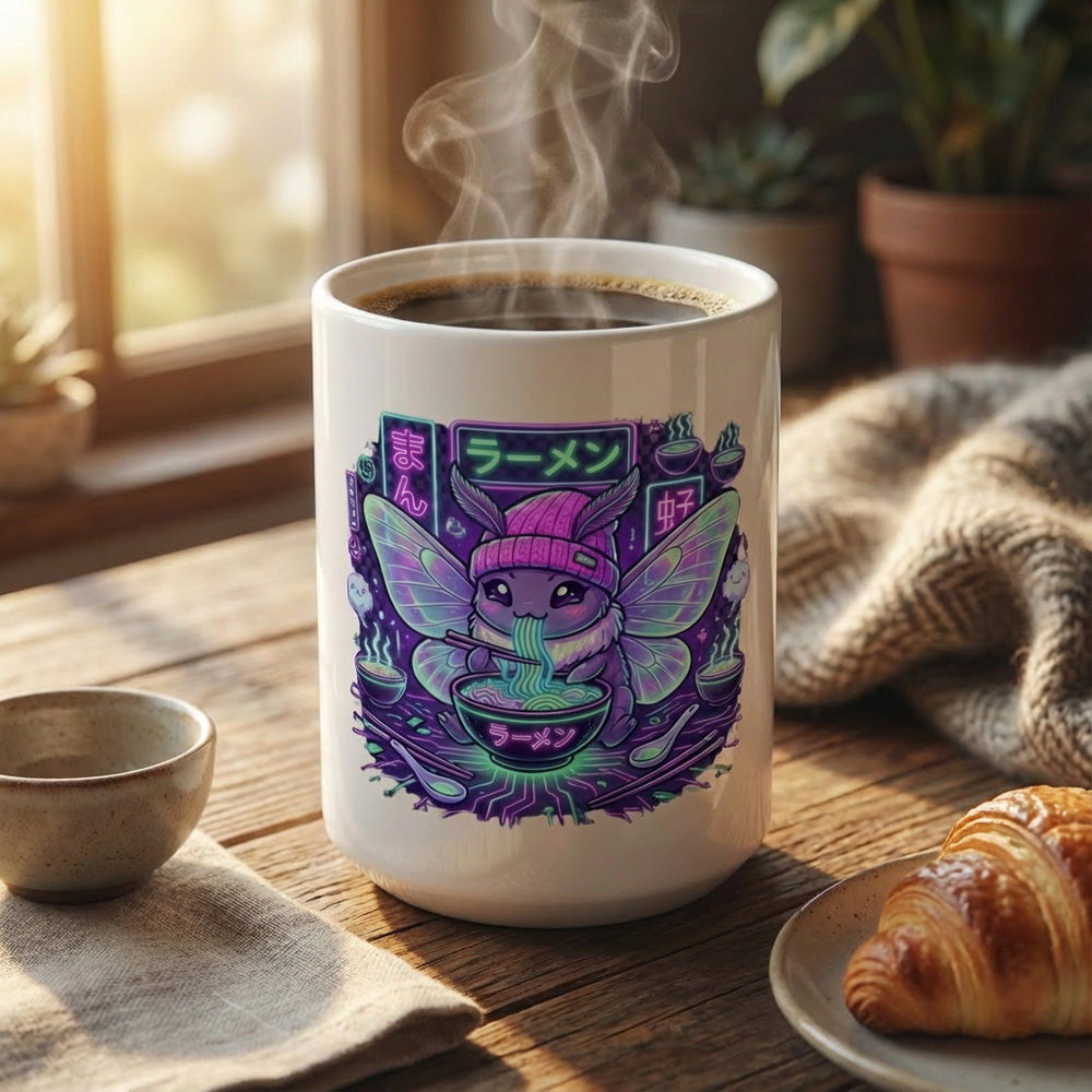 Neon Noodle Moths - Ramen Revelry - 15oz Mug with coffee