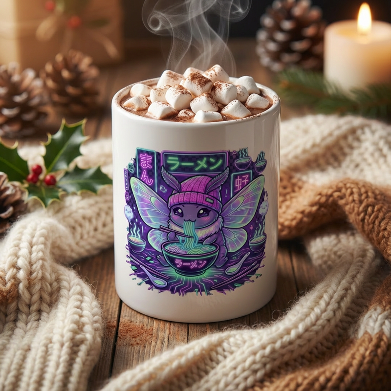 Neon Noodle Moths - Ramen Revelry - 15oz Mug with hot cocoa