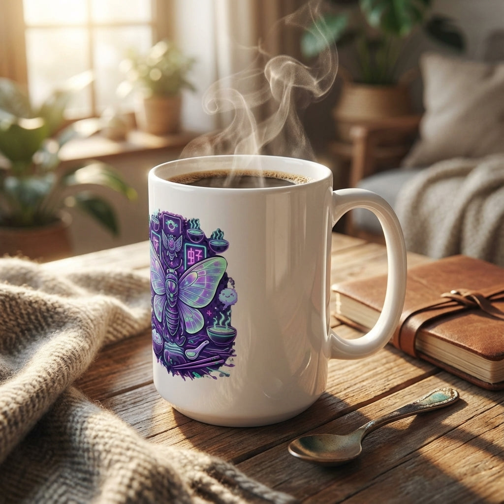 Neon Noodle Moths - Ramen Revelry - 15oz Mug - Left Side Lifestyle