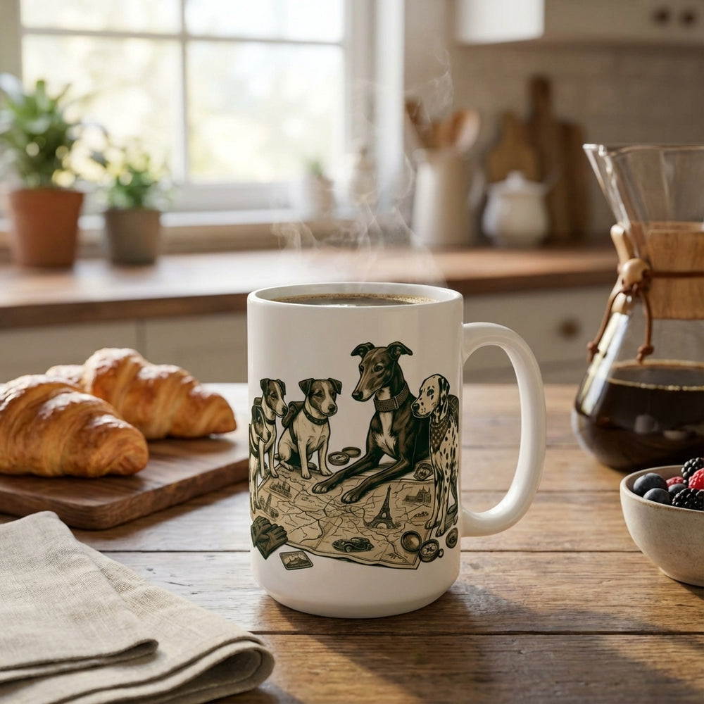 Pit Stop Pups - Alpine Rally Map 15oz Mug with coffee