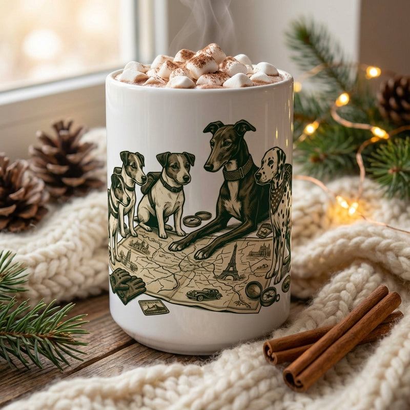 Pit Stop Pups - Alpine Rally Map 15oz Mug with hot cocoa