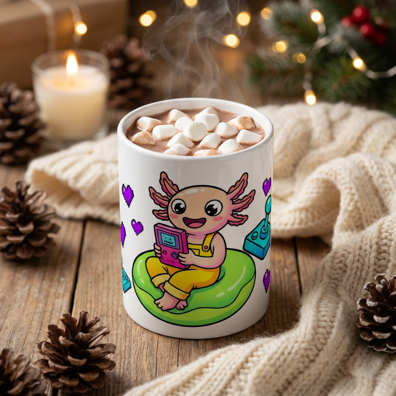 Pool Party Axolotls - Axolotl Arcade Fun - 15oz Mug with hot cocoa
