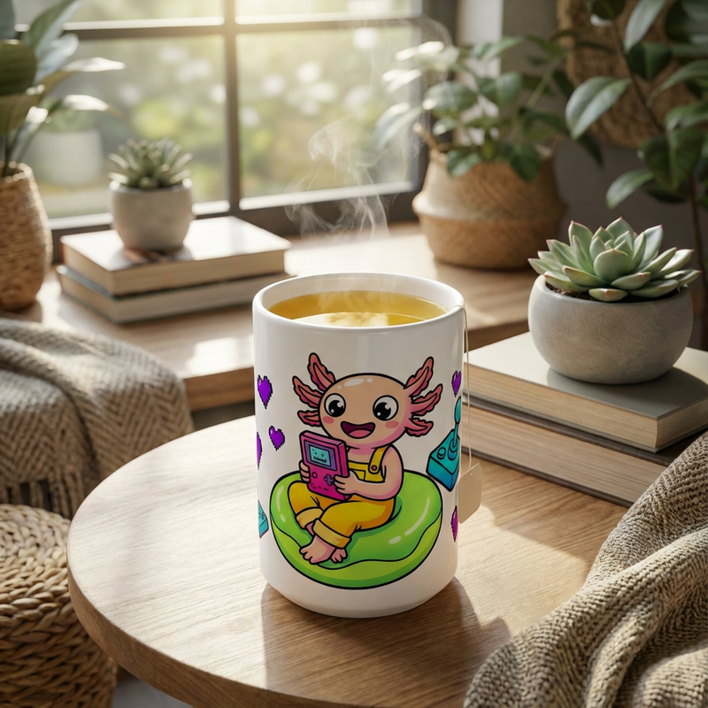 Pool Party Axolotls - Axolotl Arcade Fun - 15oz Mug with tea