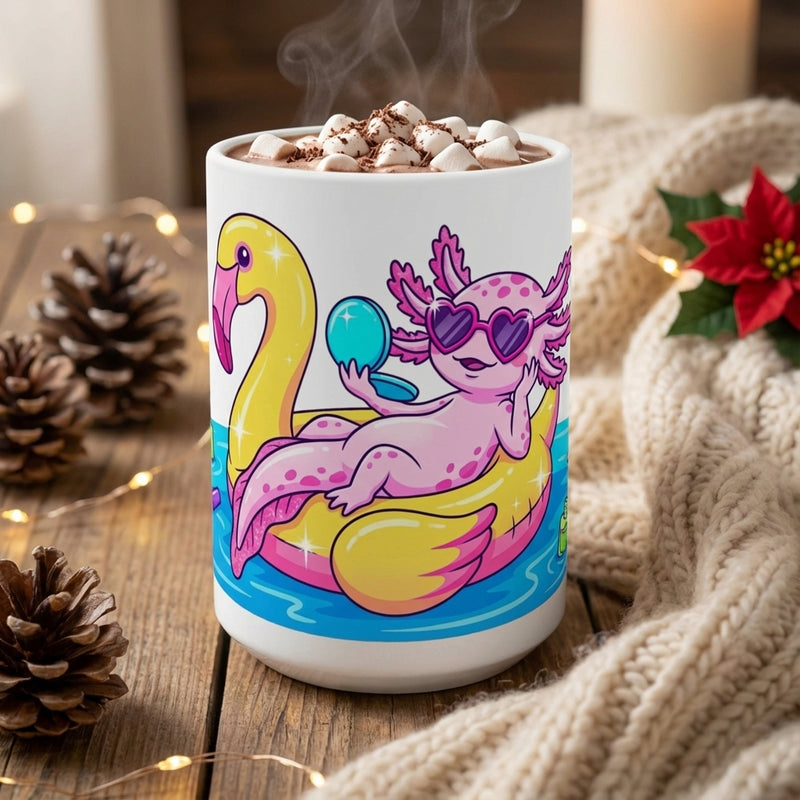 Pool Party Axolotls - Axolotl Glam Time - 15oz Mug with hot cocoa