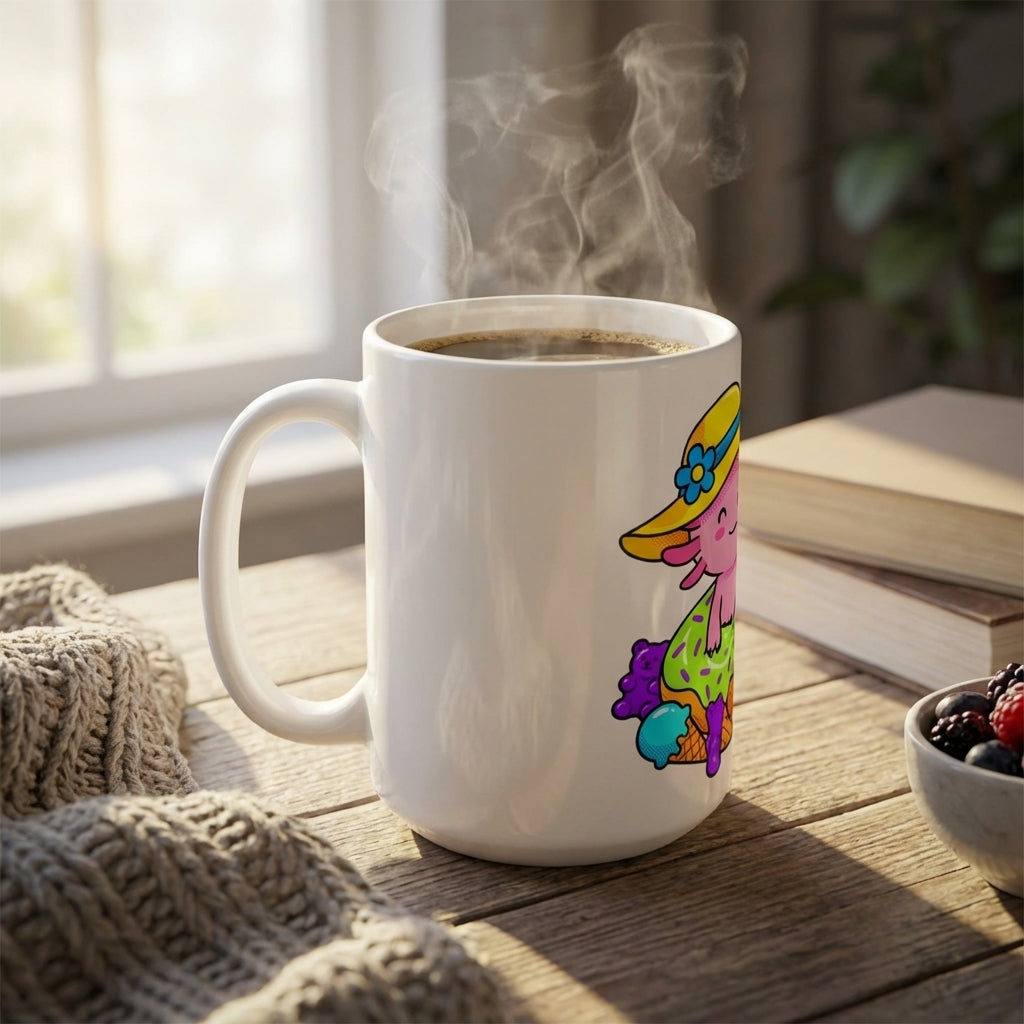 Pool Party Axolotls - Axolotl Snack Time - 15oz Mug - Left Side Lifestyle