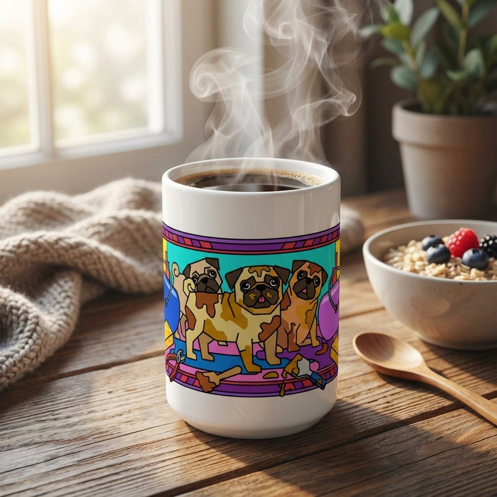 Pottery Studio Pugs - Creative Mess - 15oz Mug with coffee