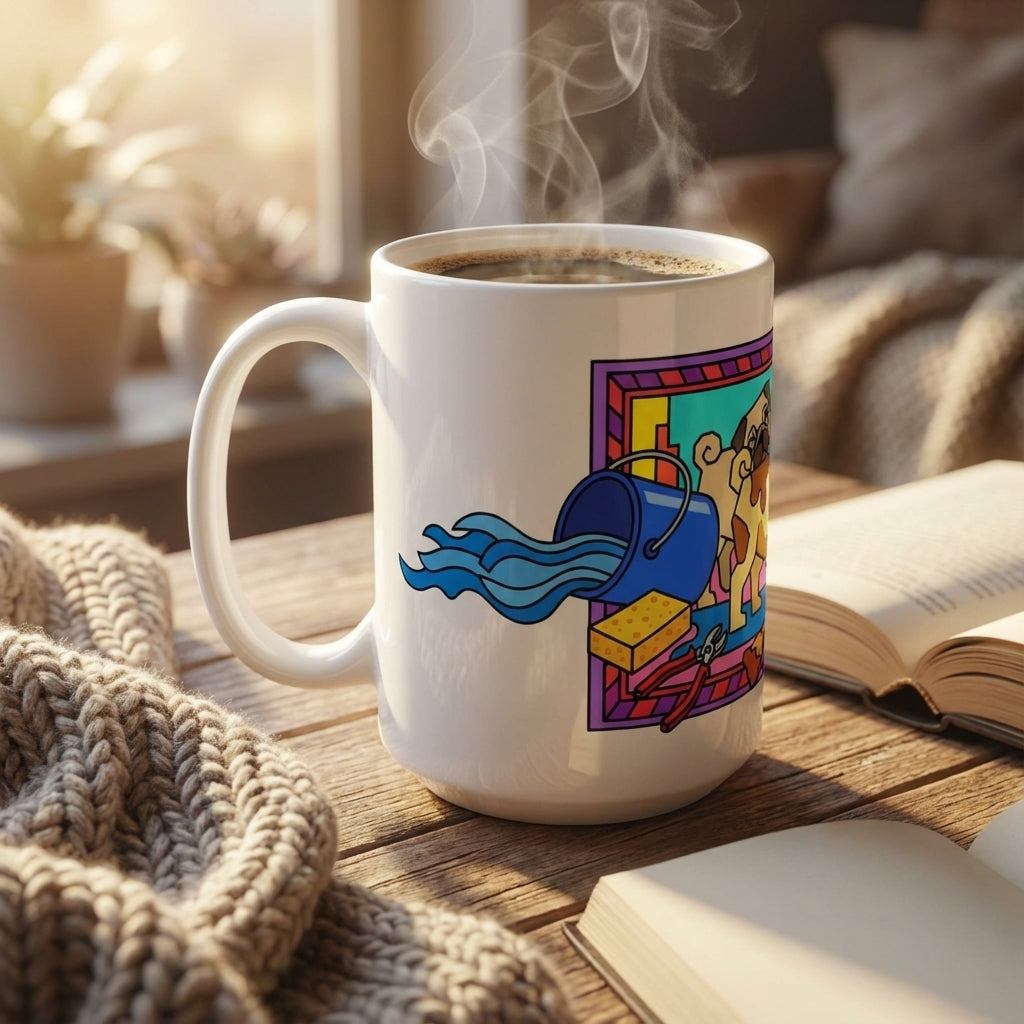 Pottery Studio Pugs - Creative Mess - 15oz Mug - Right Side Lifestyle