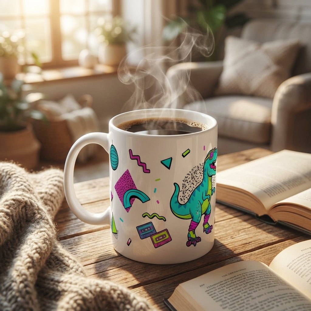 Retro Roller Dinos - T-Rex Bubblegum Pop - 15oz Mug - Right Side Lifestyle