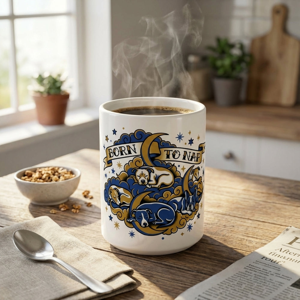 Tattoo Flash Pups - Born to Nap 15oz Mug with coffee