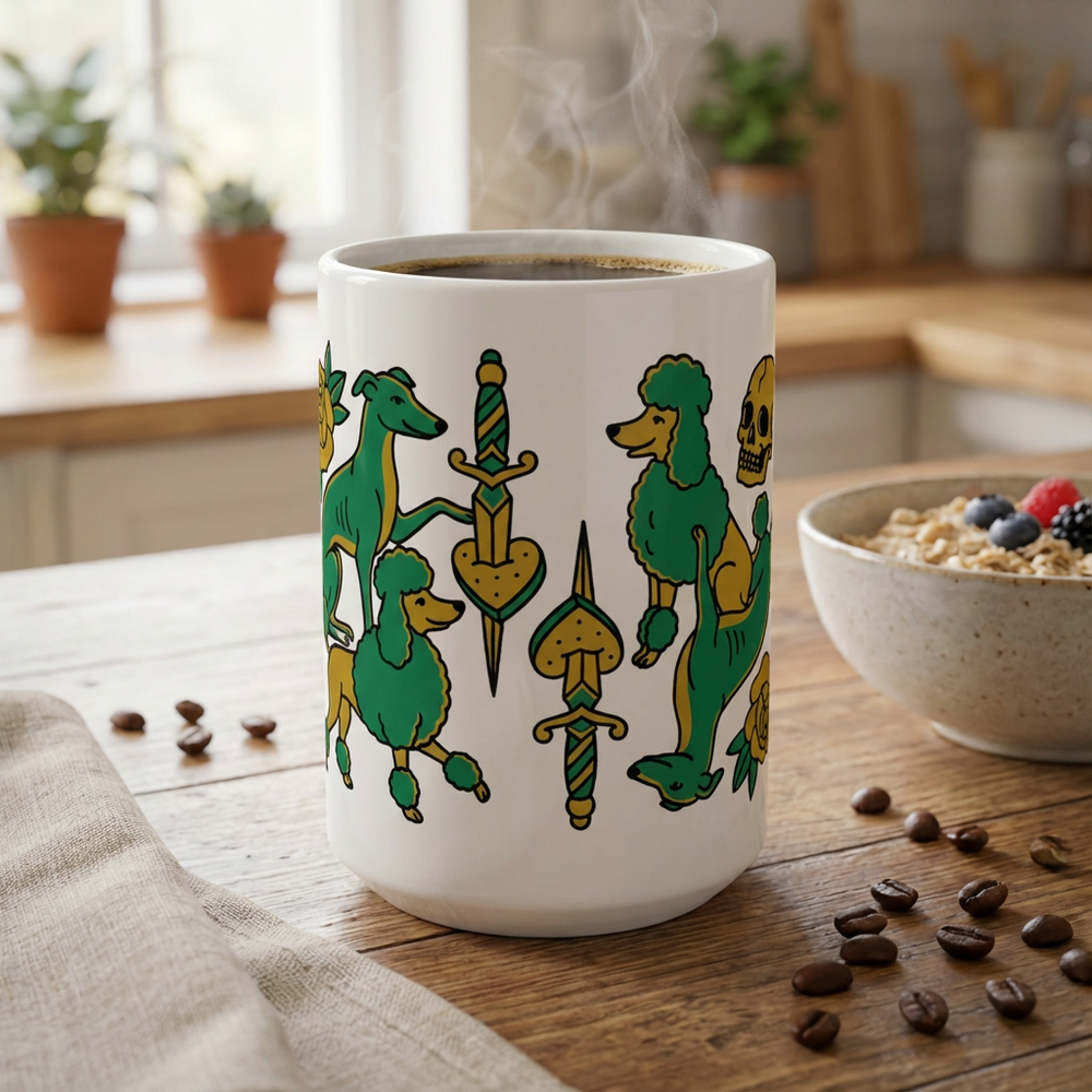 Tattoo Parlor Pups - Loyal to the Bone 15oz Mug with coffee