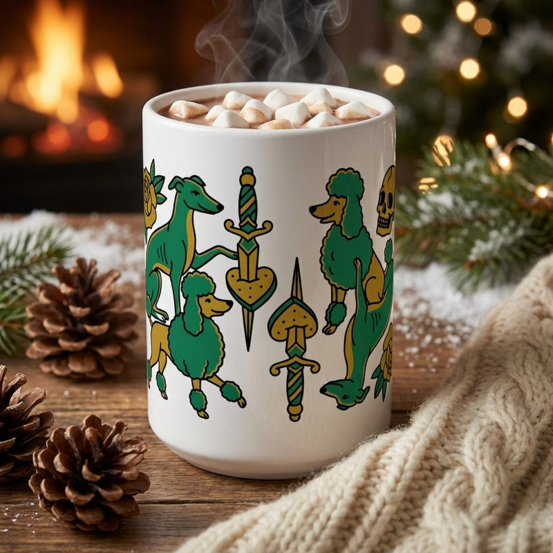 Tattoo Parlor Pups - Loyal to the Bone 15oz Mug with hot cocoa