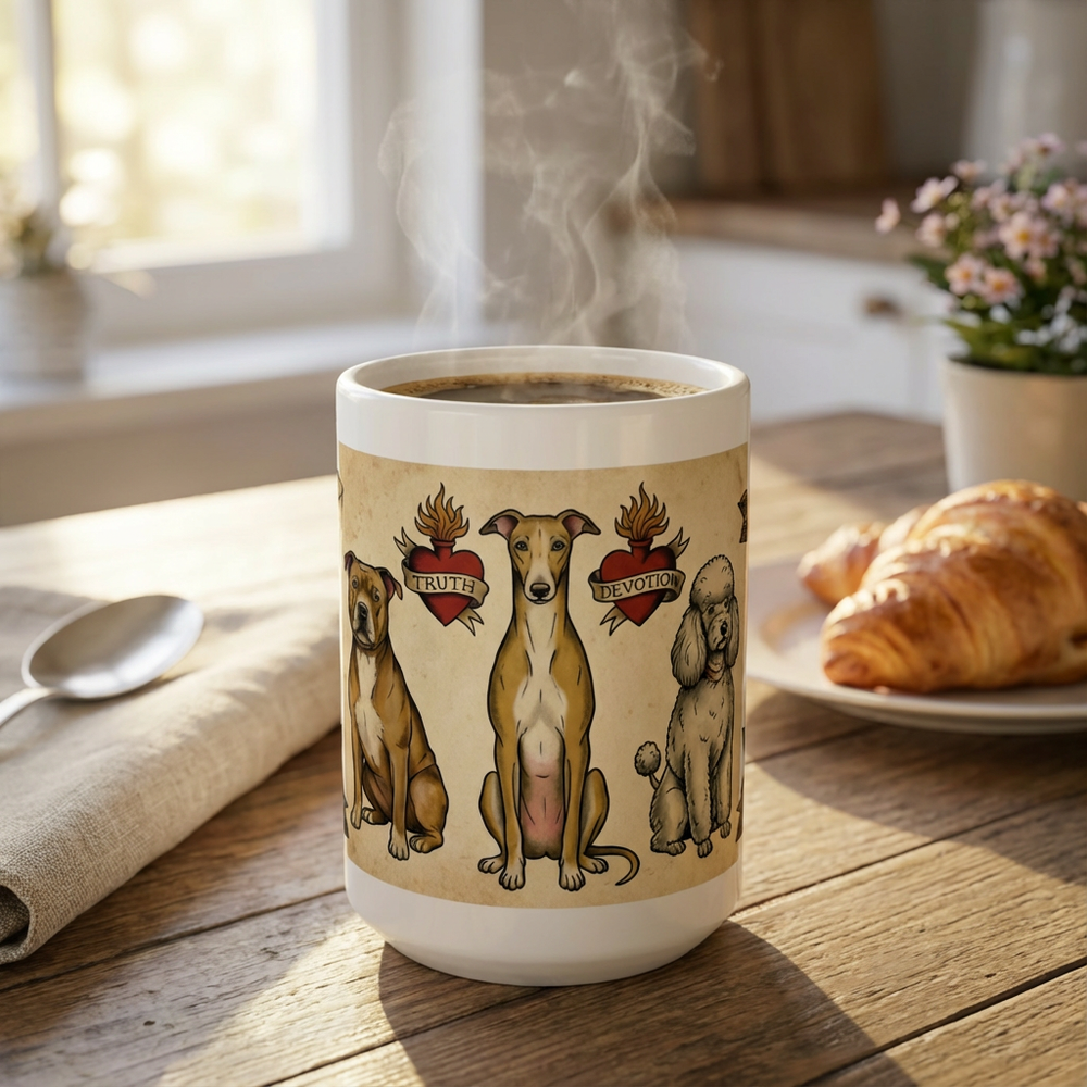 Tattoo Parlor Pups - True Love Tails 15oz Mug with coffee