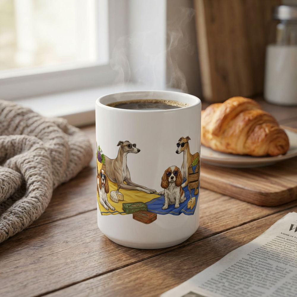 Tinned Fish Pups - European Summer Spread 15oz Mug with coffee