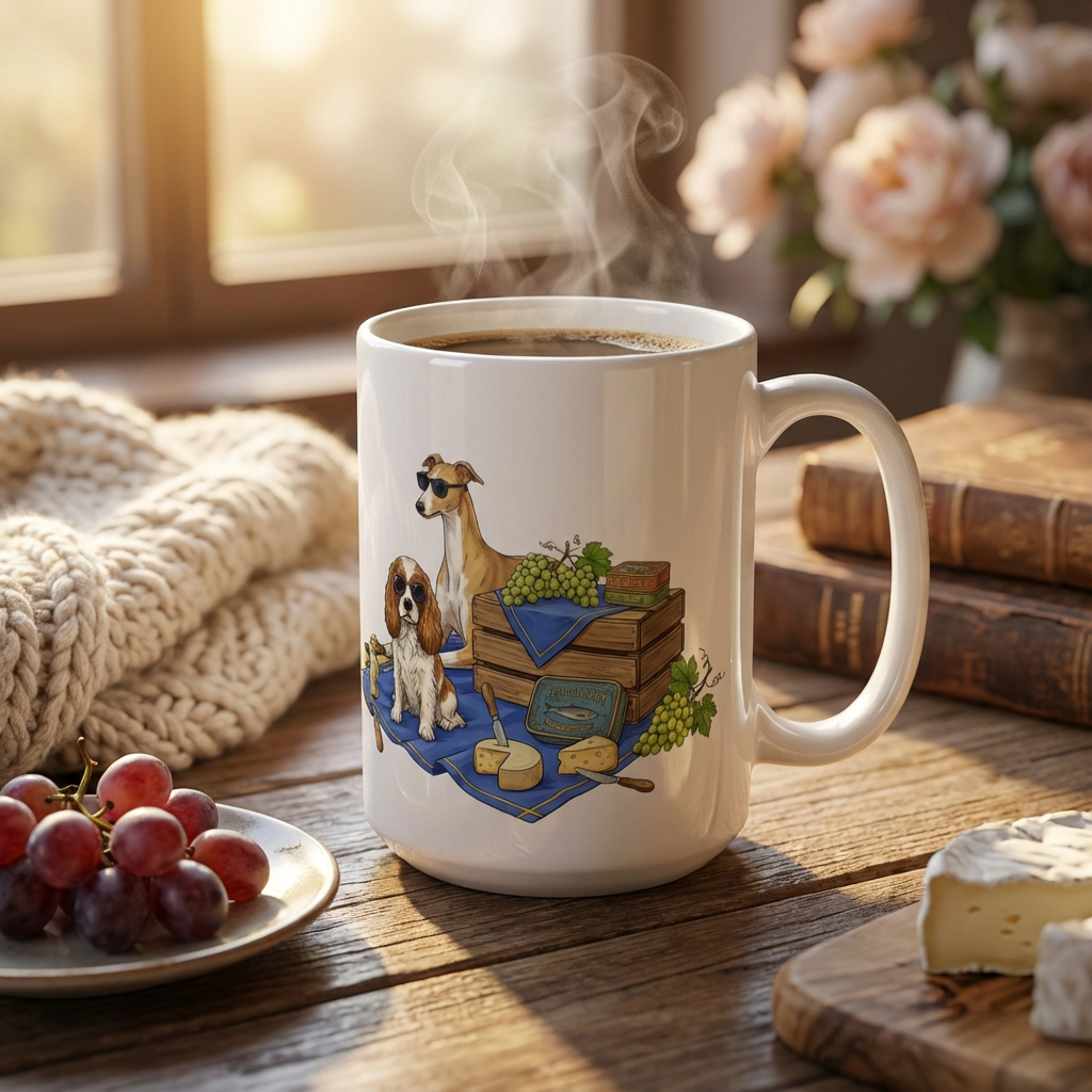 Tinned Fish Pups - European Summer Spread 15oz Mug - Left Side Lifestyle