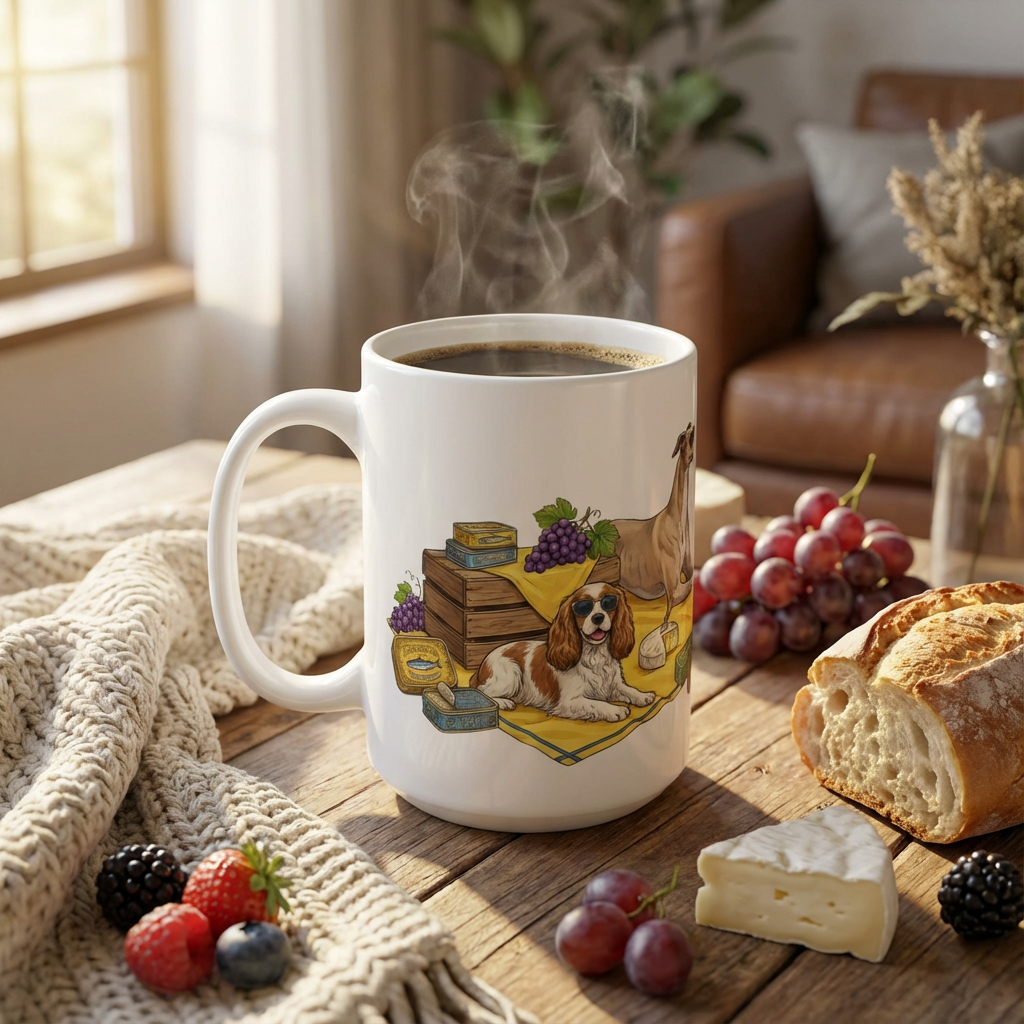 Tinned Fish Pups - European Summer Spread 15oz Mug - Right Side Lifestyle