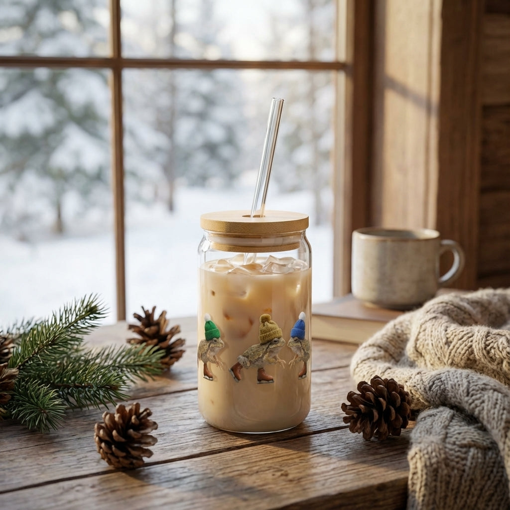 AI Generated Lifestyle Image - Real Christmas Frogs Skating Sipper Glass