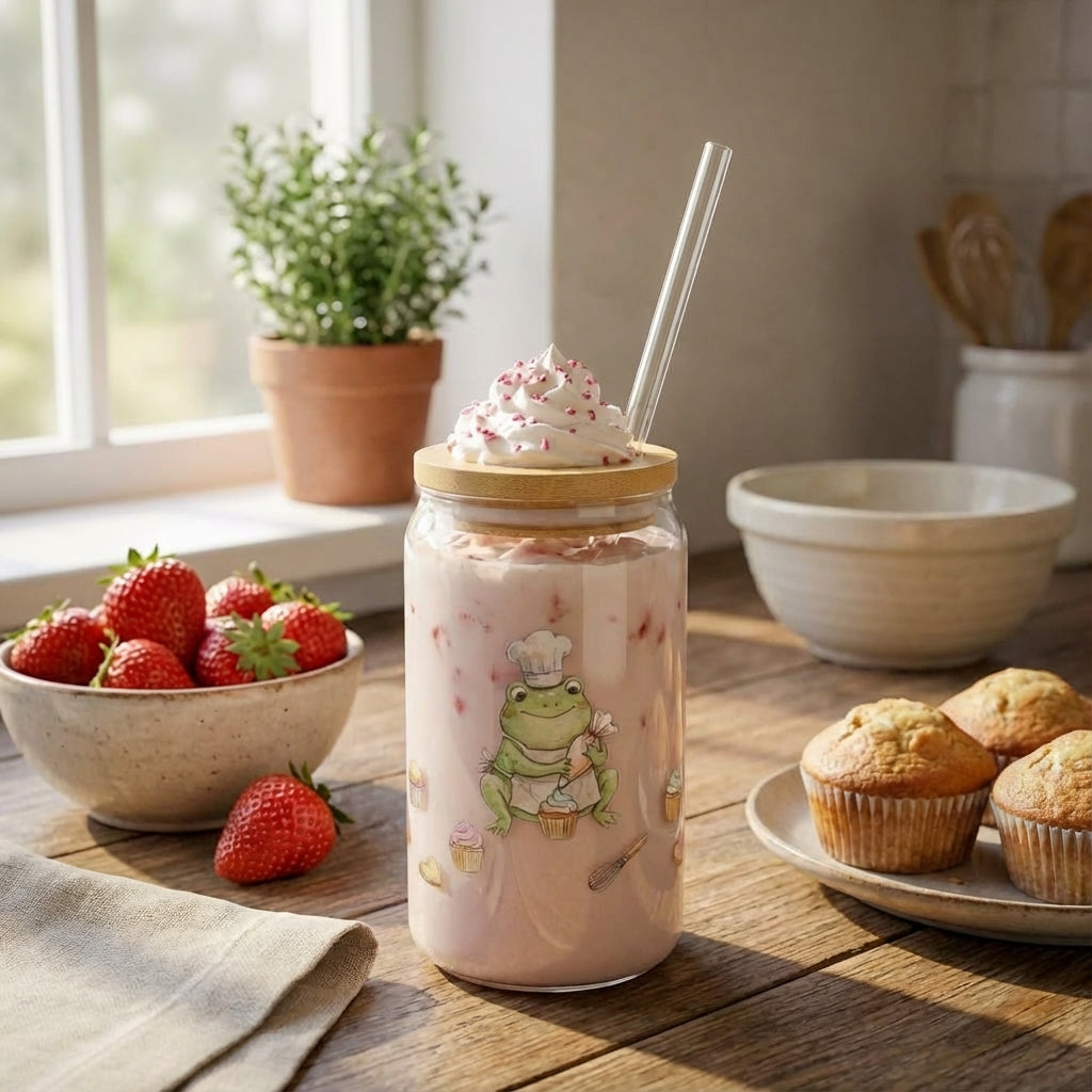 AI Generated Lifestyle Image - Watercolor Frogs Baking Sipper Glass