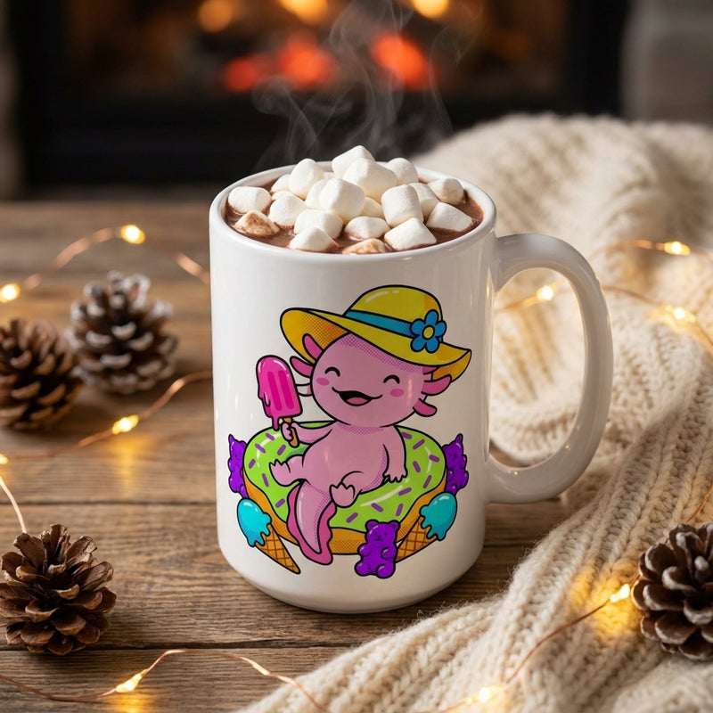 Pool Party Axolotls - Axolotl Snack Time - 15oz Mug with hot cocoa