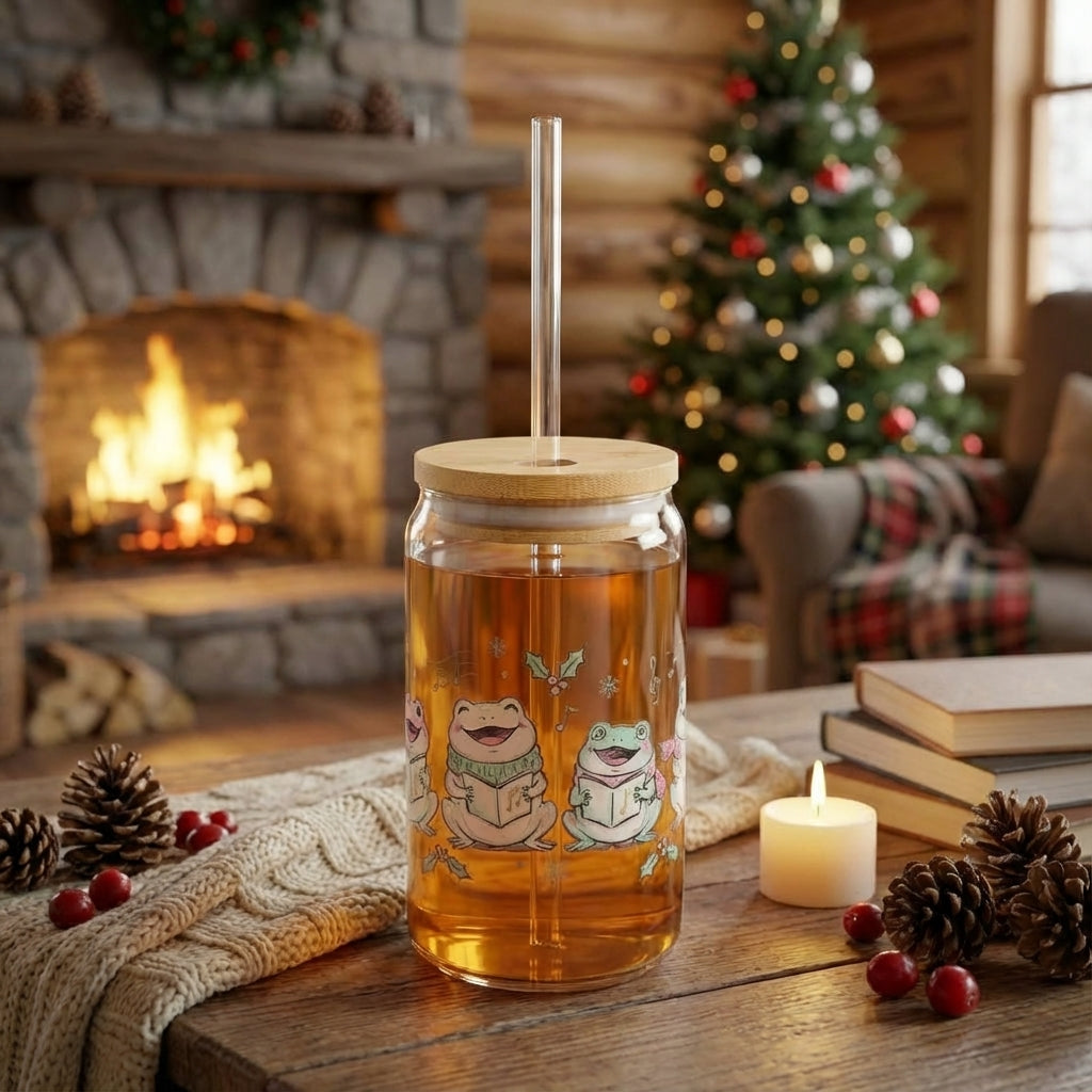 AI Generated Lifestyle Image - Illustrated Christmas Frogs Caroling Sipper Glass