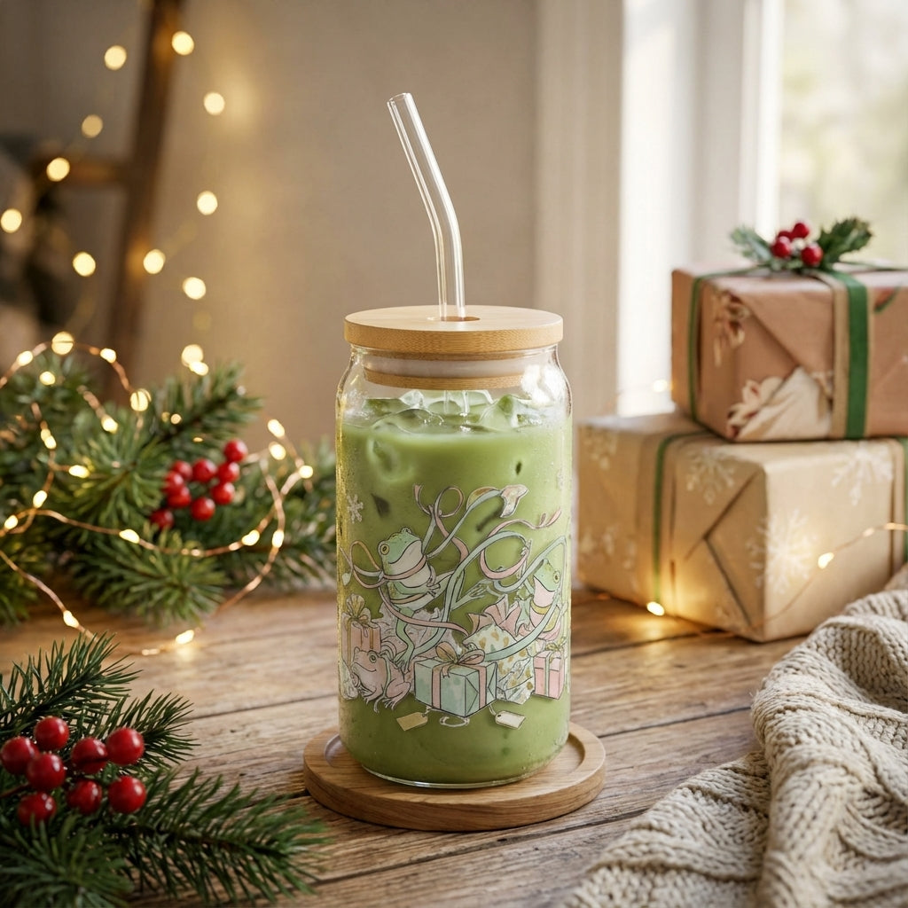 AI Generated Lifestyle Image - Illustrated Christmas Frogs Tangled Sipper Glass
