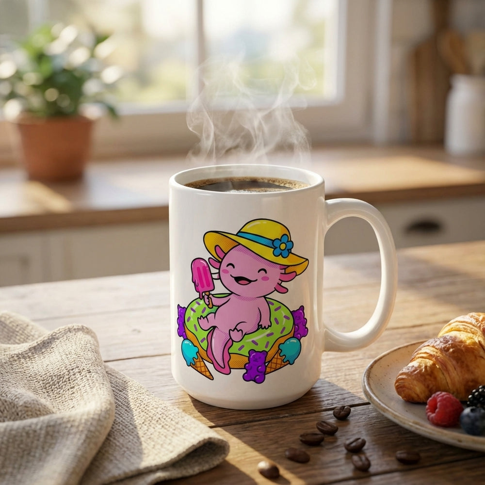 Pool Party Axolotls - Axolotl Snack Time - 15oz Mug with coffee