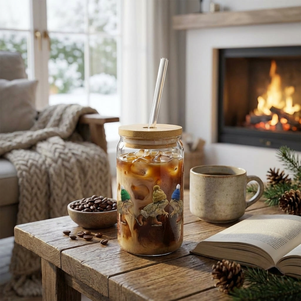 AI Generated Lifestyle Image - Real Christmas Frogs Skating Sipper Glass