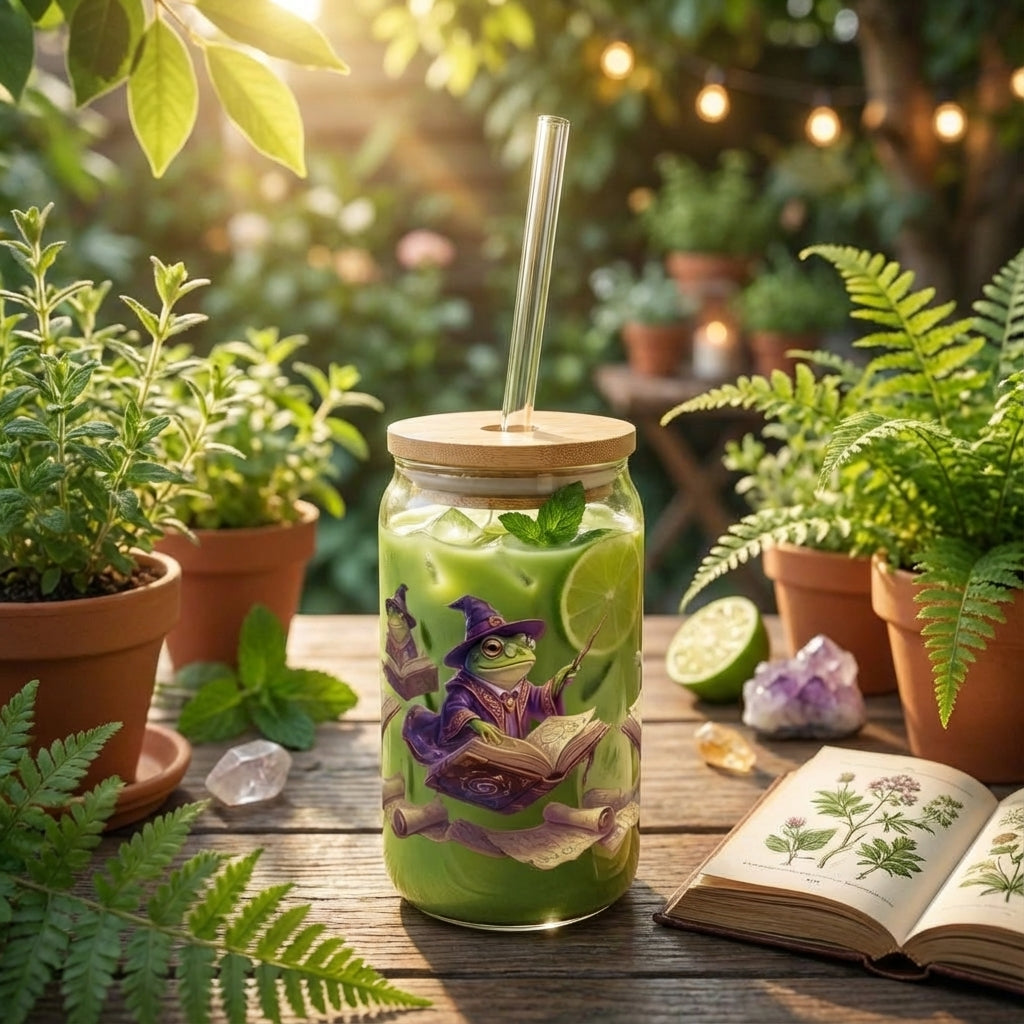 AI Generated Lifestyle Image - Wizard Frogs Spellbook Sipper Glass