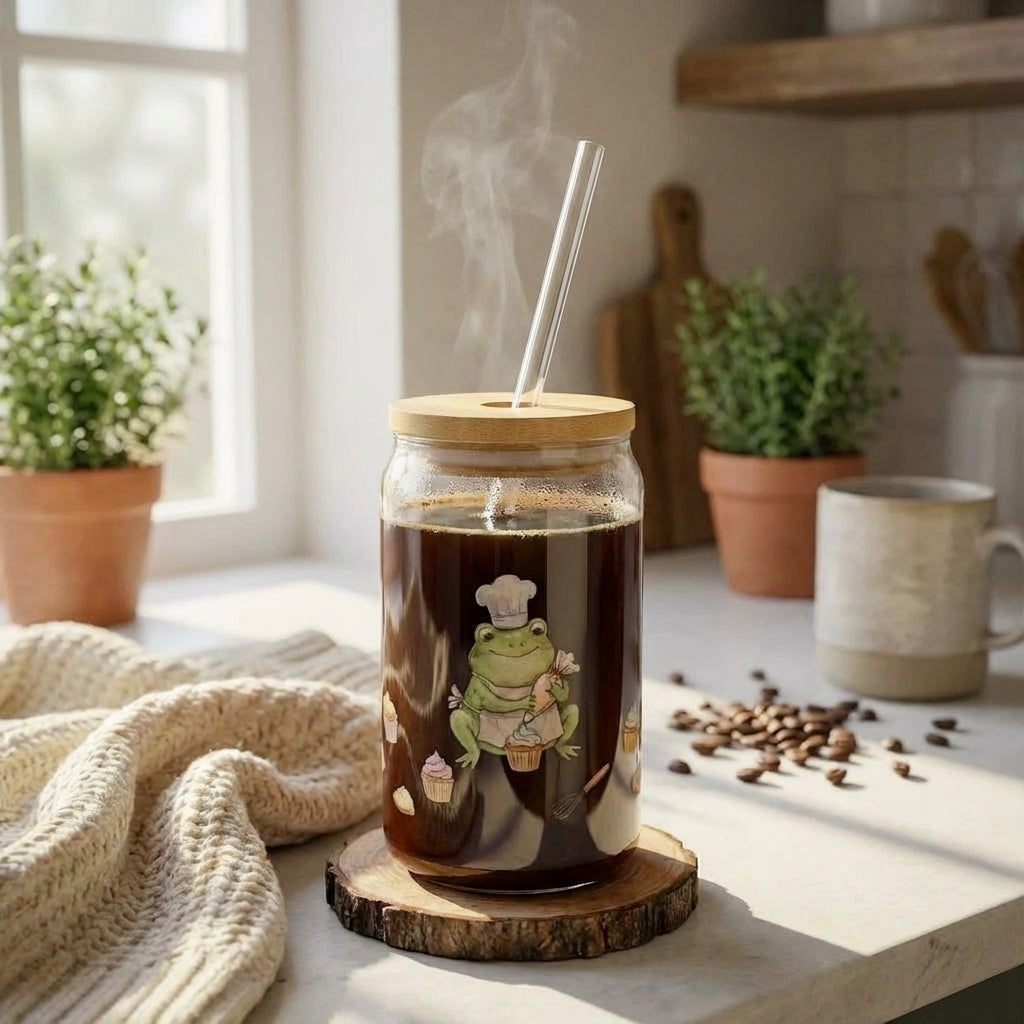 Watercolor Frogs Baking Sipper Glass - Coffee Lifestyle