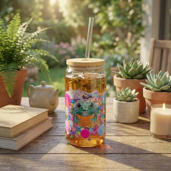 Y2K Frogs Sparkle Sipper Glass with iced tea