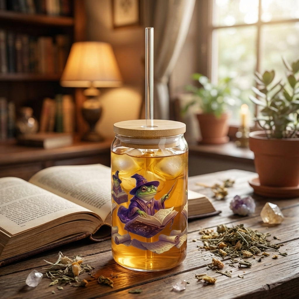 AI Generated Lifestyle Image - Wizard Frogs Spellbook Sipper Glass