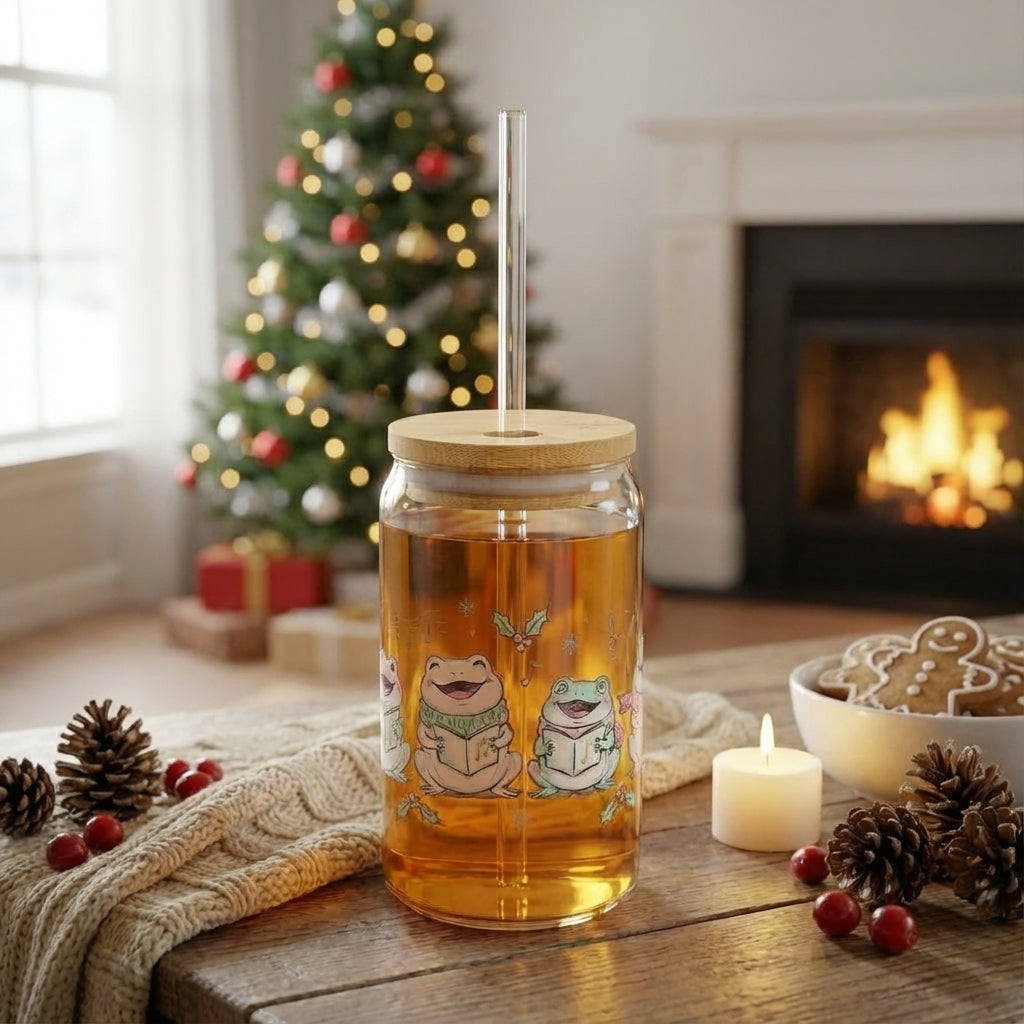 AI Generated Lifestyle Image - Illustrated Christmas Frogs Caroling Sipper Glass