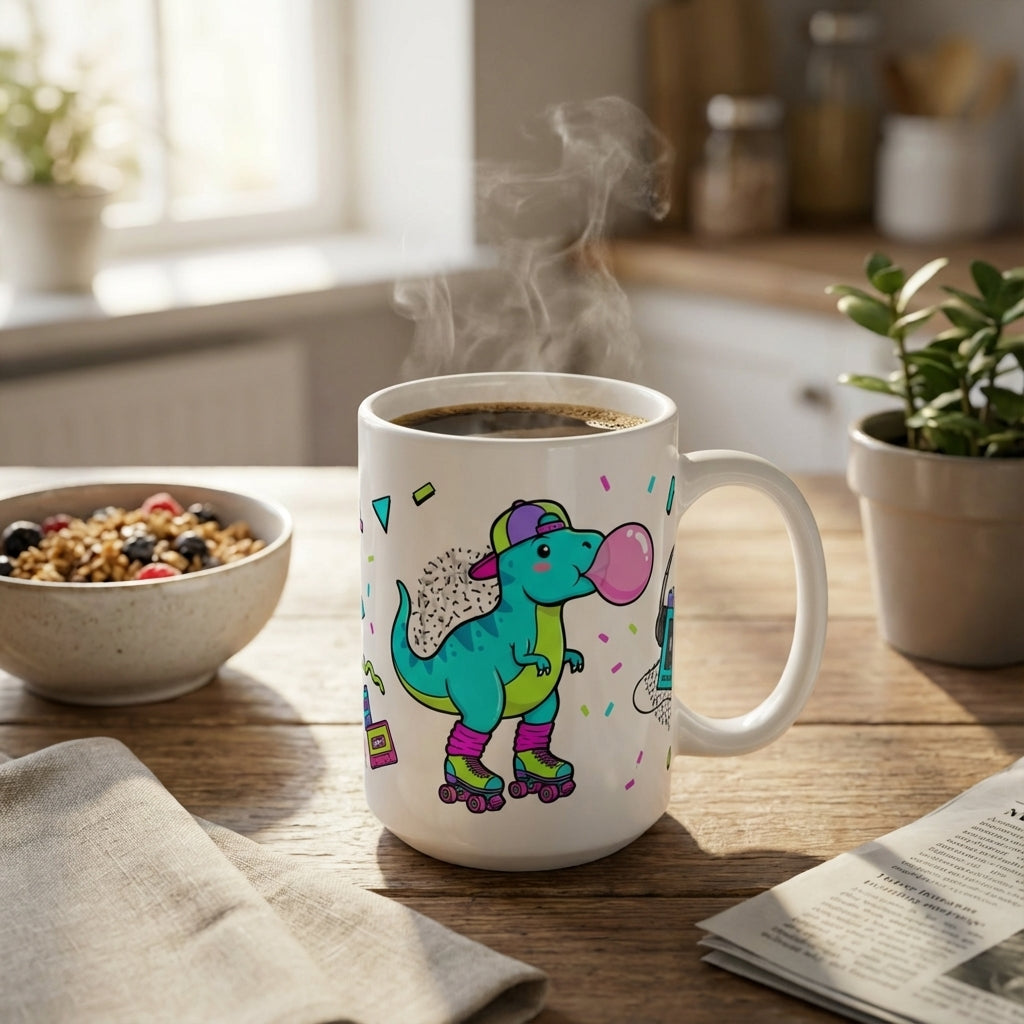 Retro Roller Dinos - T-Rex Bubblegum Pop - 15oz Mug - Coffee Lifestyle