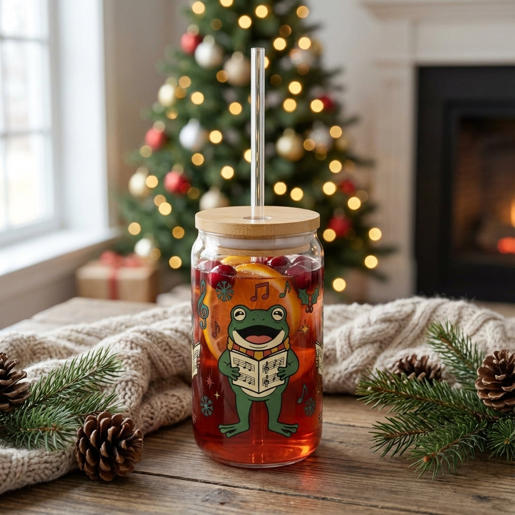 AI Generated Lifestyle Image - Retro Christmas Frogs Caroling Sipper Glass