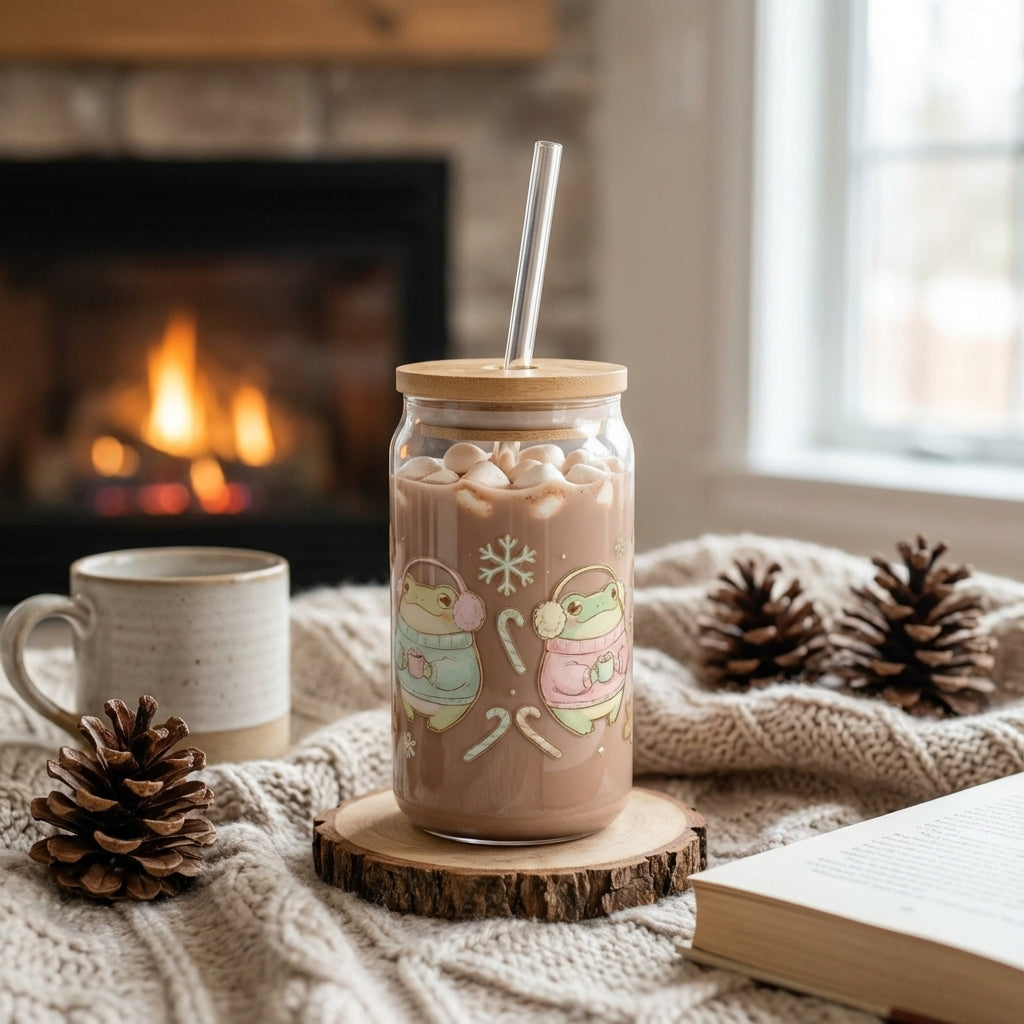 AI Generated Lifestyle Image - Illustrated Christmas Frogs Cocoa Sipper Glass