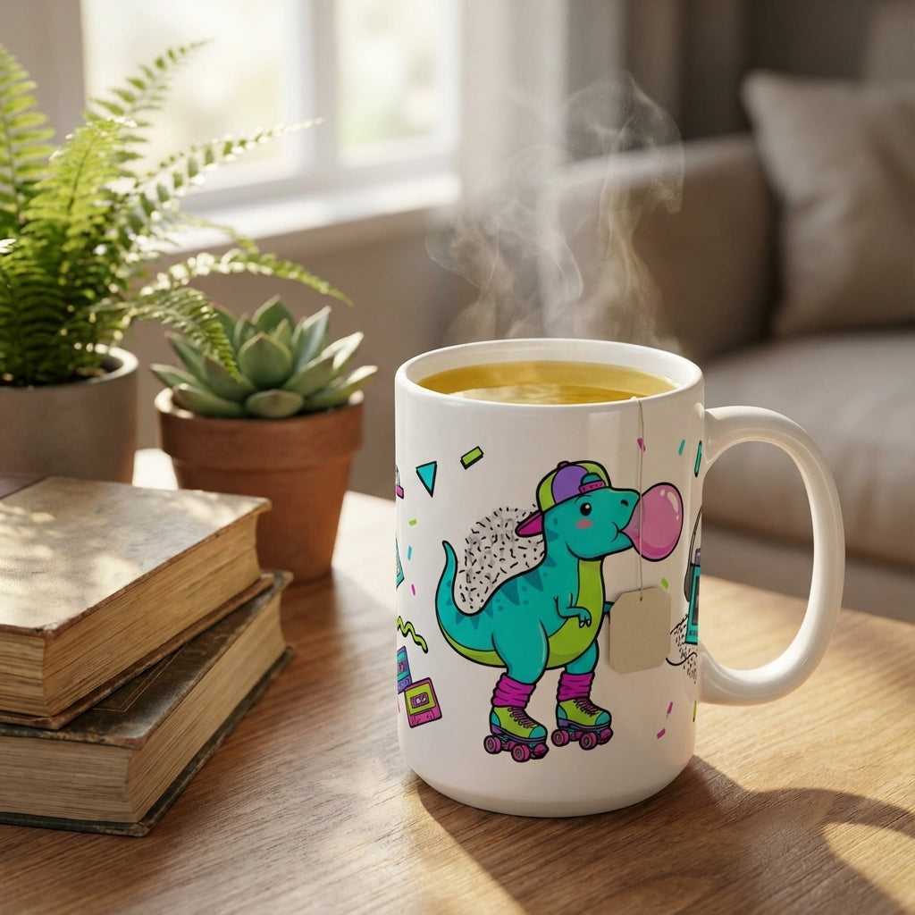 Retro Roller Dinos - T-Rex Bubblegum Pop - 15oz Mug - Tea Lifestyle