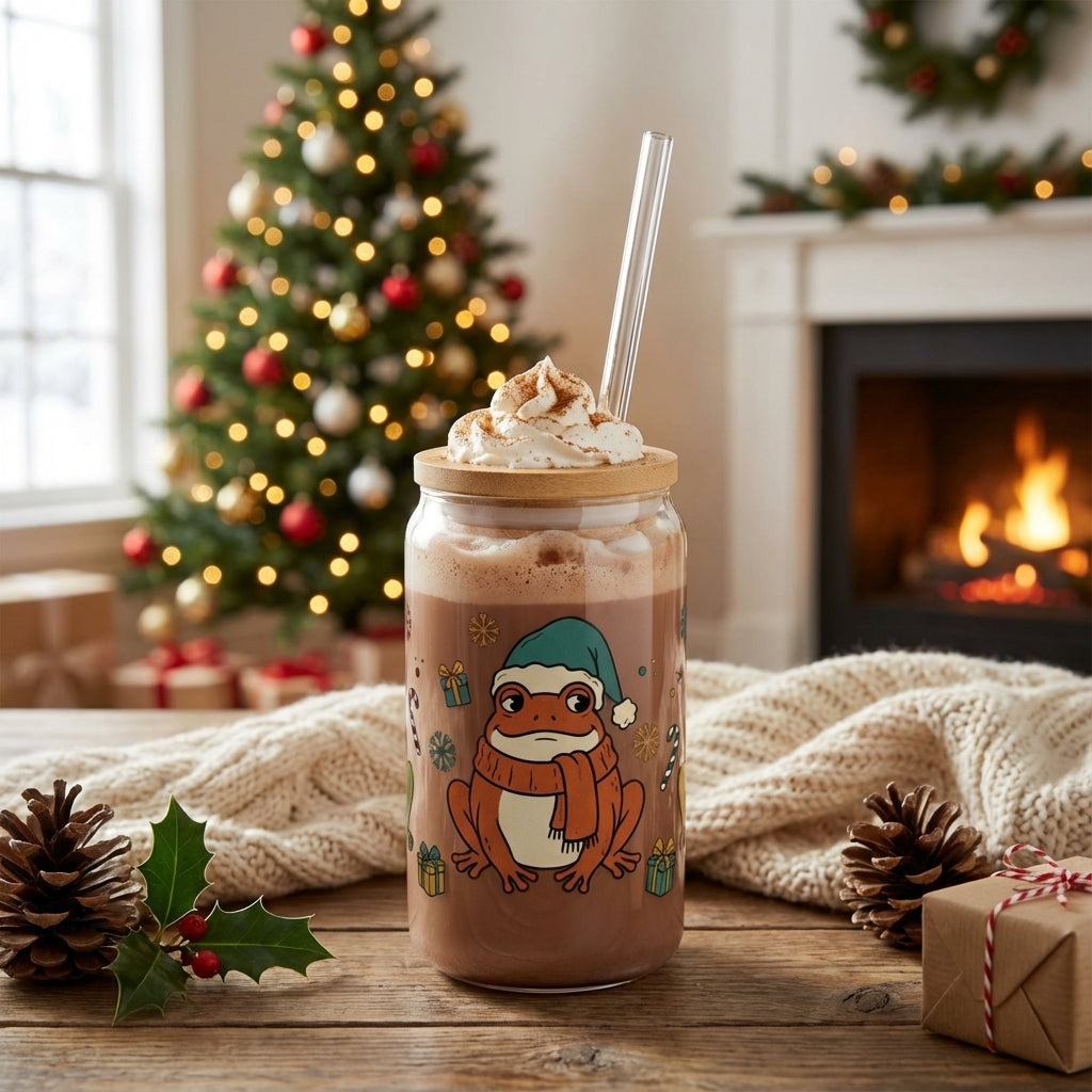 AI Generated Lifestyle Image - Retro Christmas Frogs Presents Sipper Glass