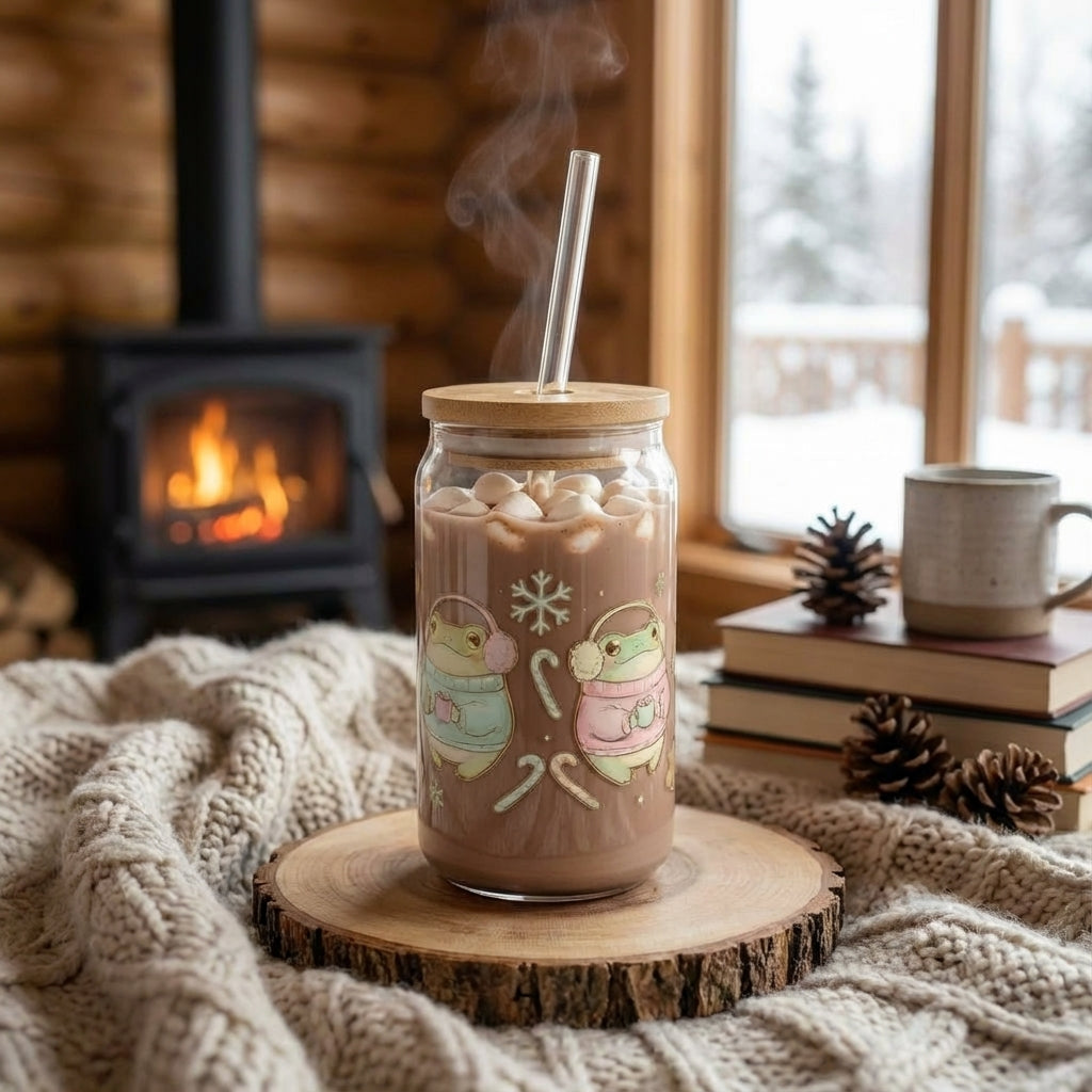 AI Generated Lifestyle Image - Illustrated Christmas Frogs Cocoa Sipper Glass