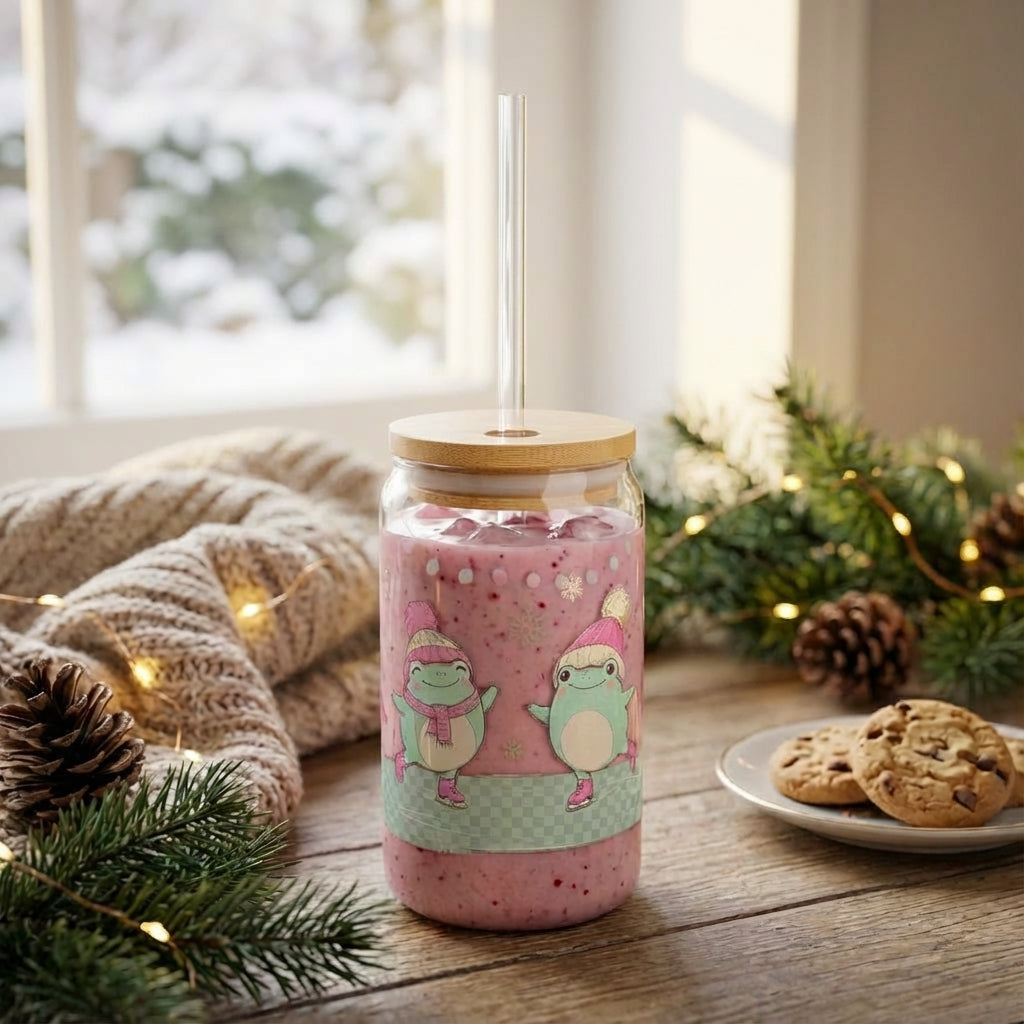 AI Generated Lifestyle Image - Illustrated Christmas Frogs Skating Sipper Glass