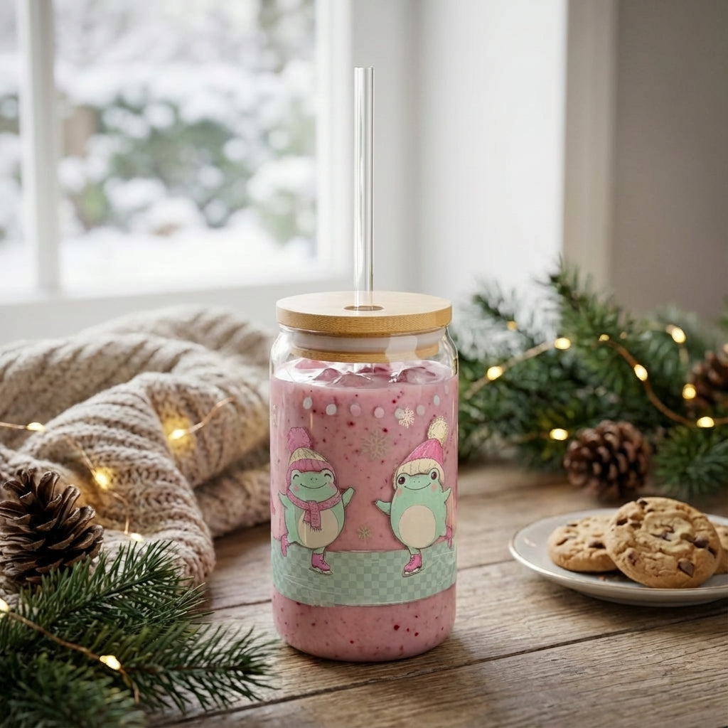 AI Generated Lifestyle Image - Illustrated Christmas Frogs Skating Sipper Glass