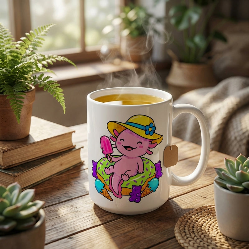 Pool Party Axolotls - Axolotl Snack Time - 15oz Mug with tea