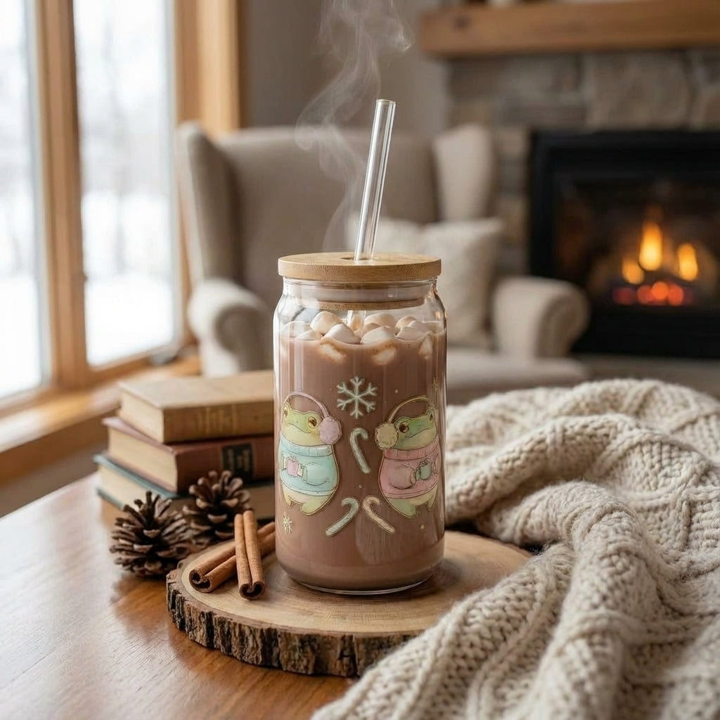 AI Generated Lifestyle Image - Illustrated Christmas Frogs Cocoa Sipper Glass