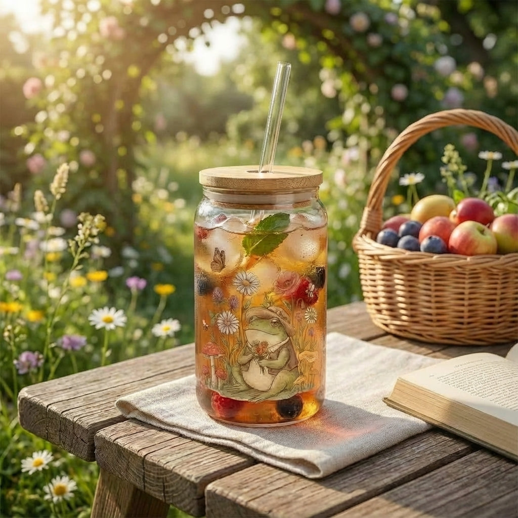 AI Generated Lifestyle Image - Cottagecore Frogs Garden Sipper Glass