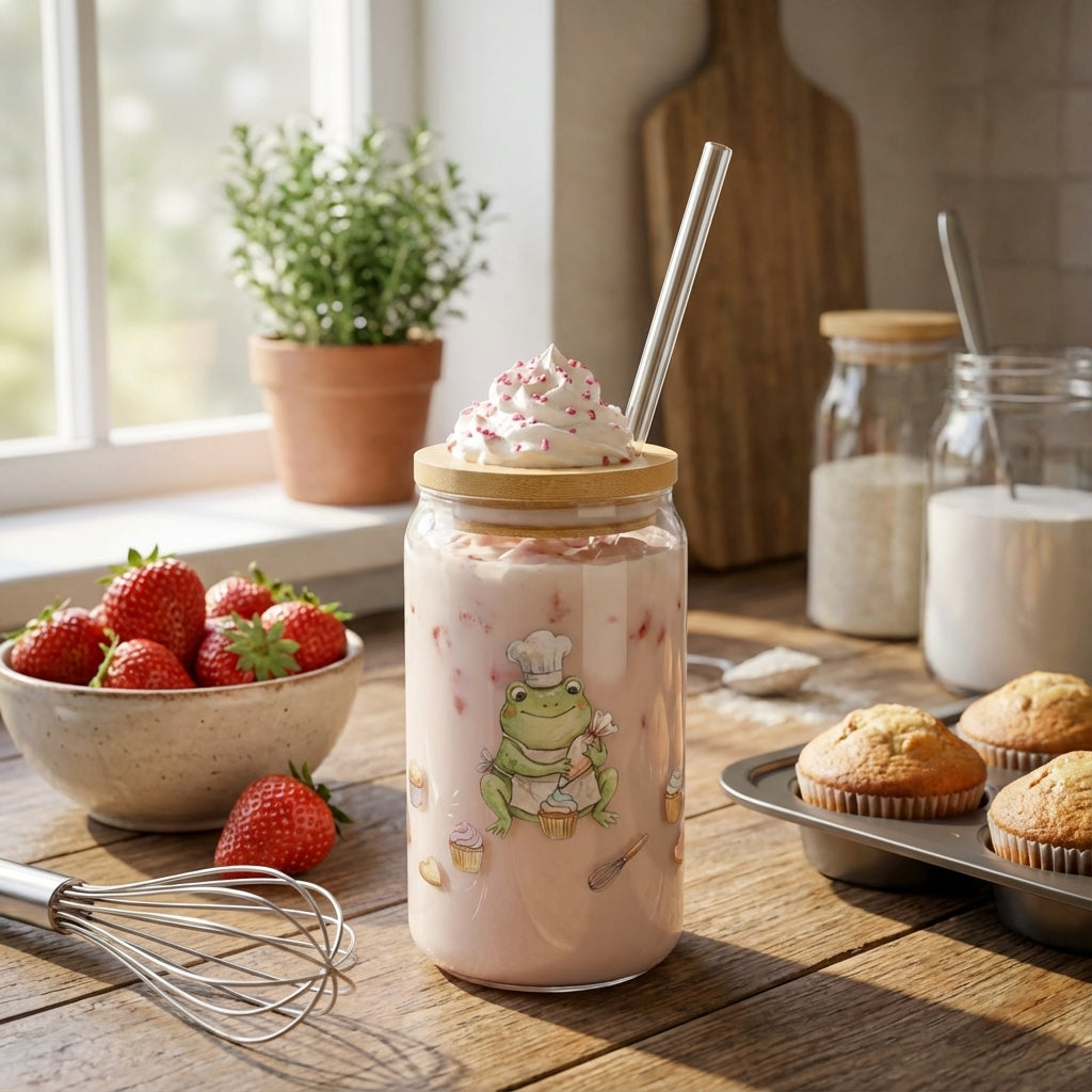 AI Generated Lifestyle Image - Watercolor Frogs Baking Sipper Glass