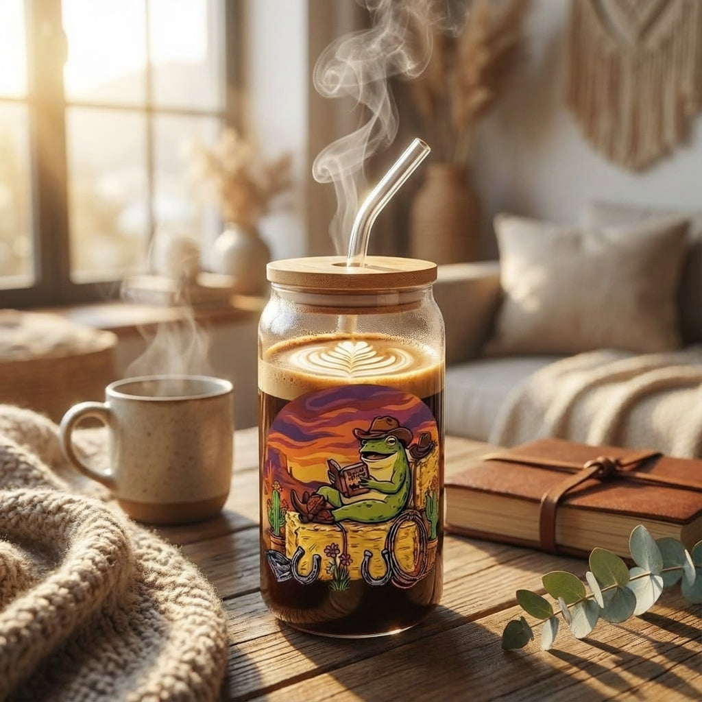 Cowboy Frogs Reading Sipper Glass - Hero Lifestyle