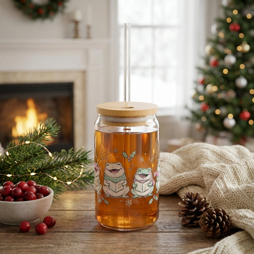 AI Generated Lifestyle Image - Illustrated Christmas Frogs Caroling Sipper Glass
