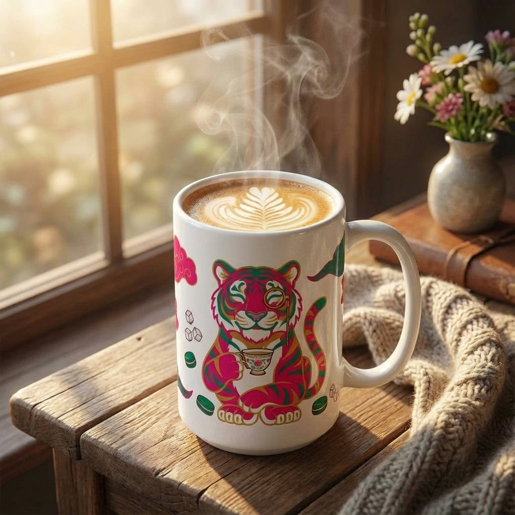 Mahjong Night Tigers - Tea Time Tiger - 15oz Mug - Hero Lifestyle