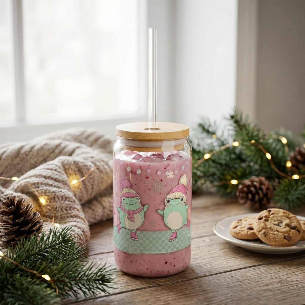 AI Generated Lifestyle Image - Illustrated Christmas Frogs Skating Sipper Glass